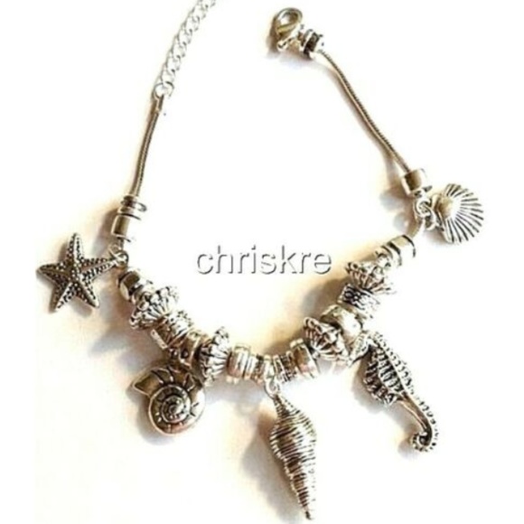 Silver Sea Life Charm Bracelet Anklet 8-11" Shells Island Beach Life Seahorse - Picture 2 of 8